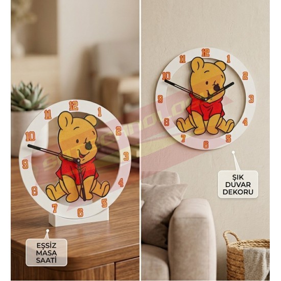 Winie The pooh Temalı 22 cm Duvar ve Masa Saati Dekoratif Çocuk Odası ve Oyun Odası Saati