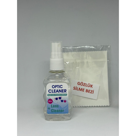 Gözlük camı temizleme solüsyonu ve silme bezi