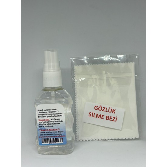 Gözlük camı temizleme solüsyonu ve silme bezi